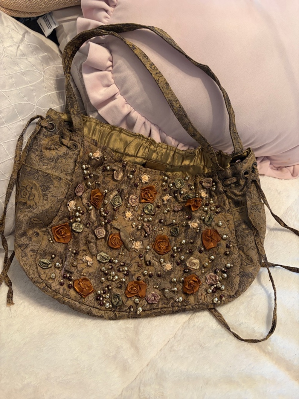 Embellished Brown Floral Appliqué Shoulder Bag